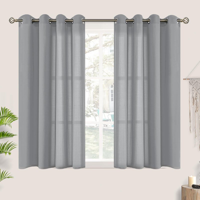 BGment Grey Linen Sheer Short Curtains 54 inch Length for Bedroom, Grommet Light Filtering Semi Sheer Casual Textured Privacy Sheer Curtains for Living Room, 2 Panels 52 x 54 Inch, Grey - Image 1